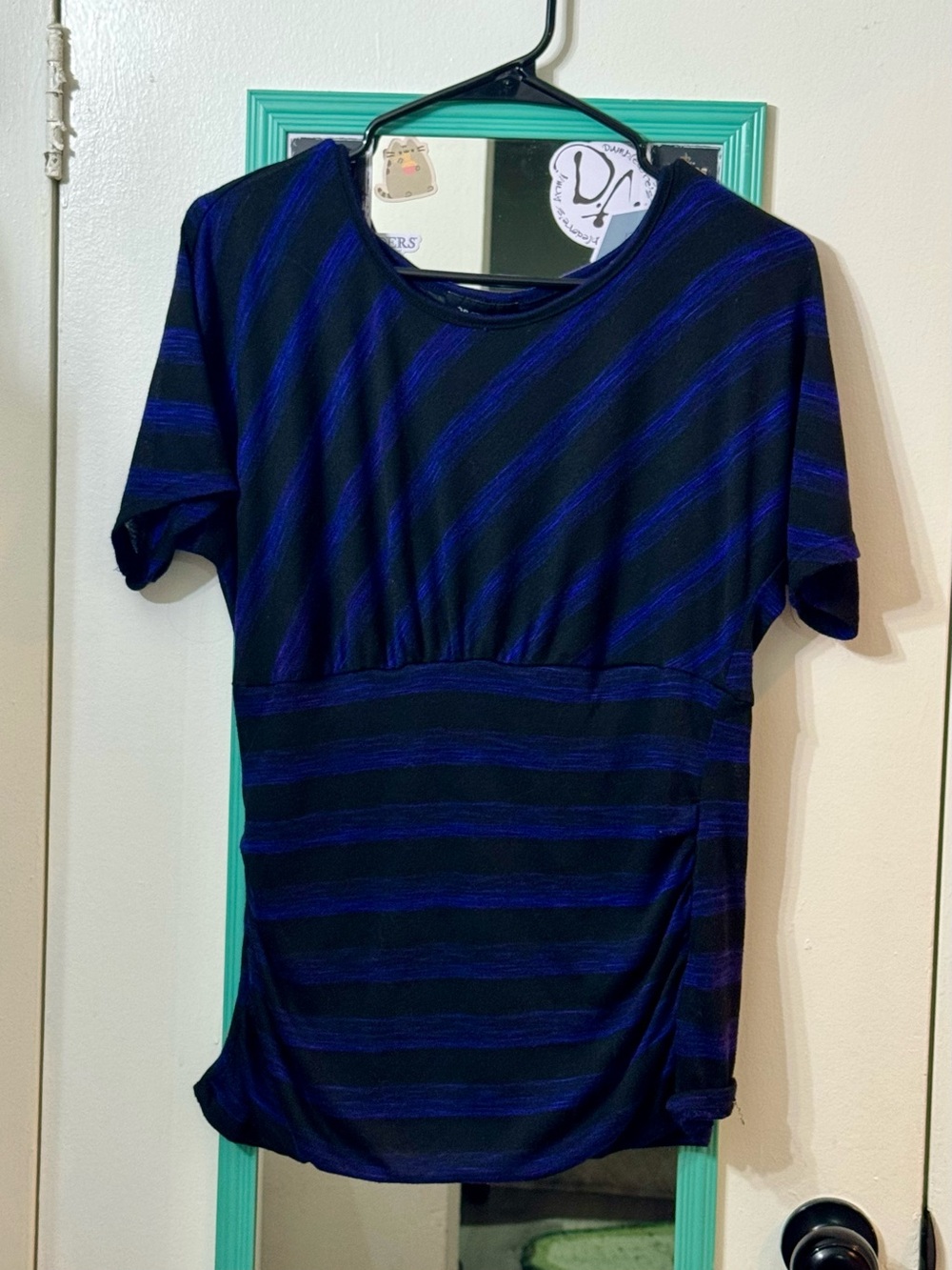 AB Studio Black and Royal Blue Short Sleeve Striped Top
